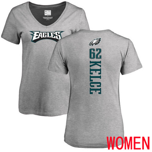 Women Philadelphia Eagles #62 Jason Kelce Ash Backer V-Neck NFL T Shirt->nfl t-shirts->Sports Accessory